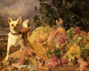 费迪南德 乔治 沃德穆勒 : A Dog By A Basket Of Grapes In A Landscape